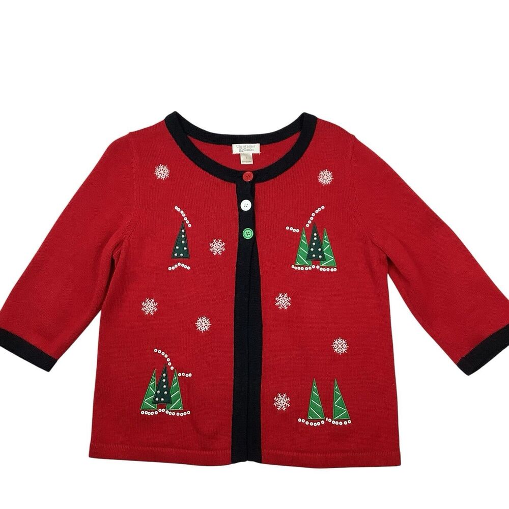 Christmas Cardigan Sweater 3/4 Sleeve Semi Open Front Women S M Red Black Green